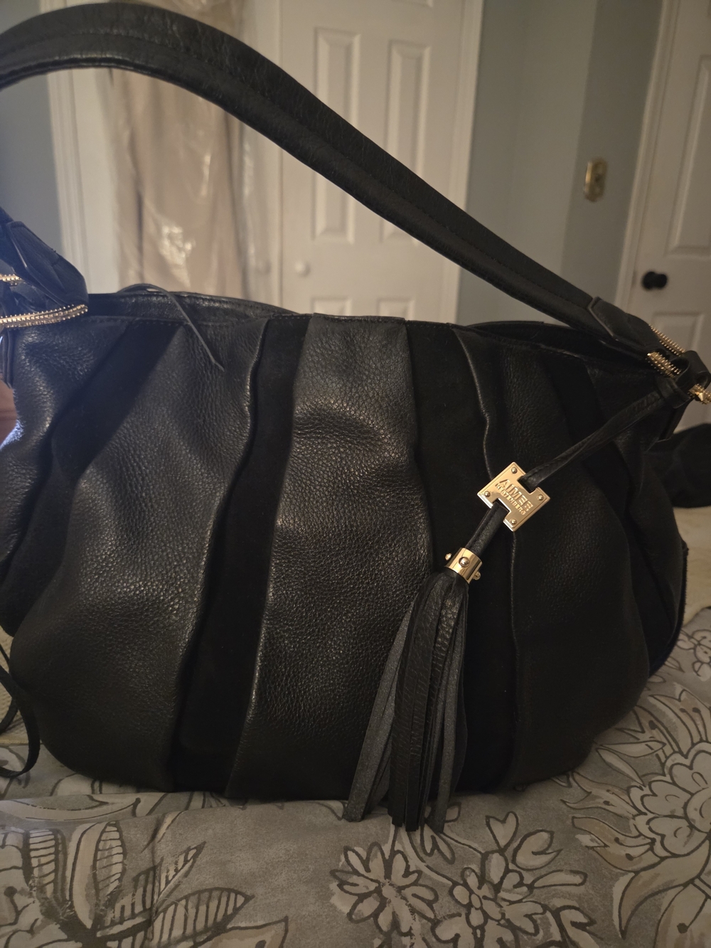 Aimee Kestenberg  Black Leather And Suede Tuscany Hobo Shoulder Bag with Tassels